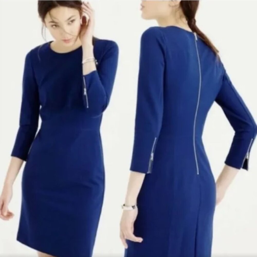 J Crew Ponte Knit Sheath Dress ¾ Sleeve with Zippers, Size 2 P, Royal Blue